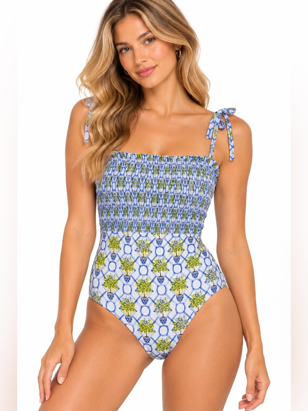 Smocked Blue & Green Pattern One-Piece Swimsuit with Tie Straps Womens Medium